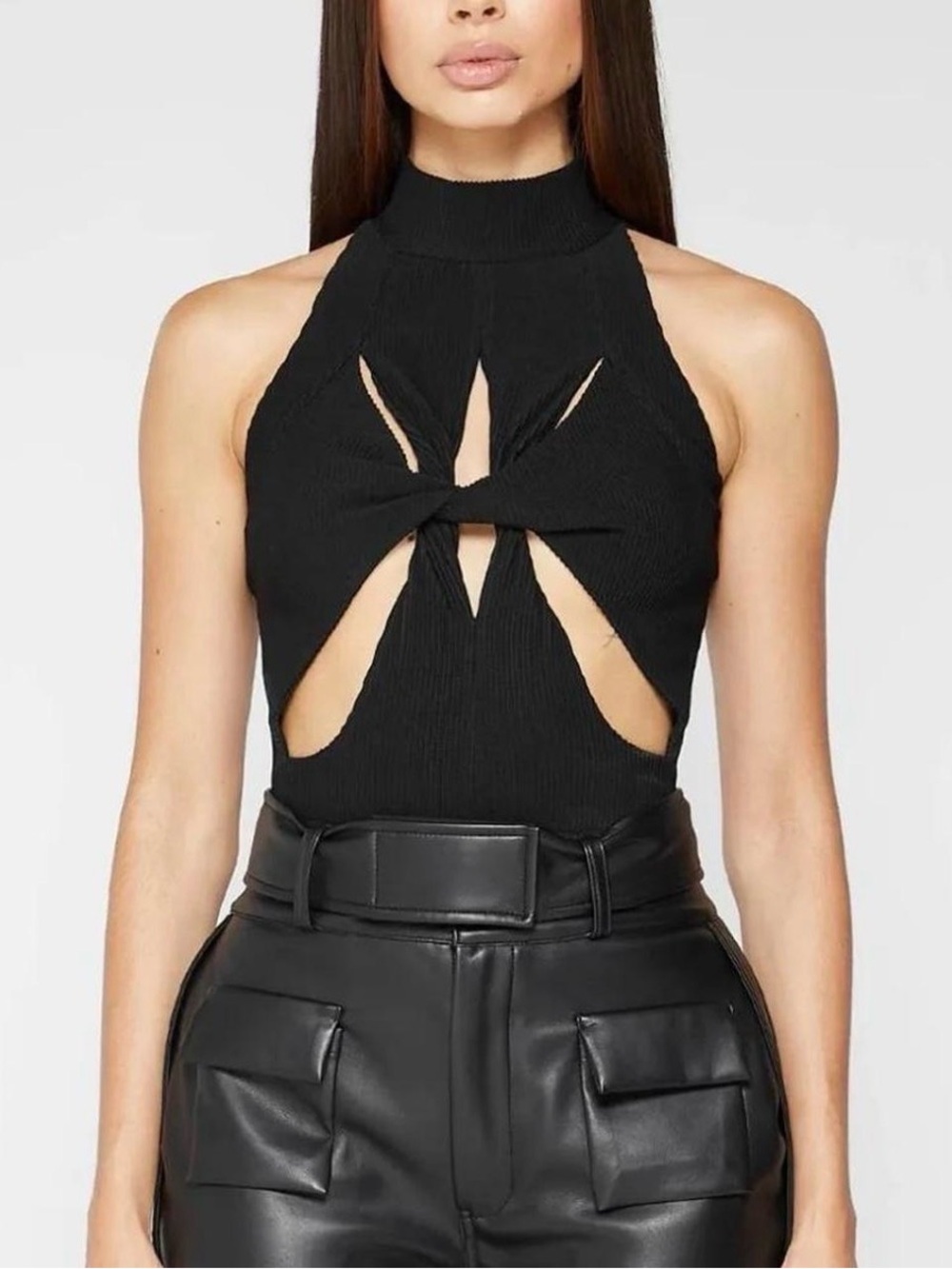 Maniere De Voir Front Twist High Neck Ribbed Bodysuit Top Small